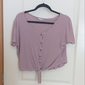 Lavender Mauve Short Sleeve Crop Button Tie Front Top